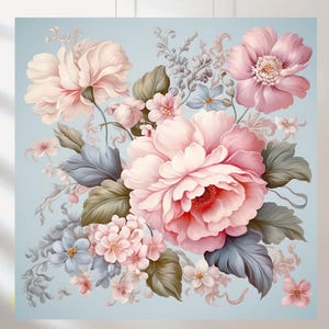 Könnte beinhalten: Ein Blumenbild mit einem Bouquet aus rosa und weißen Blumen mit grünen und blau-grauen Blättern vor einem hellblauen Hintergrund. Die Blumen sind mit sanften Schattierungen detailliert, was ein zartes und romantisches Gefühl erzeugt. Das Kunstwerk ist quadratisch.
