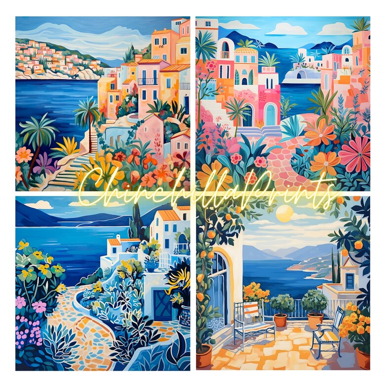 Set of 6 Mediterranean Coastal Art Prints: Whimsical Seaside Town ...