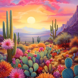 K&ouml;nnte beinhalten: Eine lebendige W&uuml;stenlandschaft bei Sonnenuntergang mit einer Vielzahl von Kakteen und bl&uuml;henden Blumen in Rosa-, Orange- und Gelbt&ouml;nen. Der Himmel ist ein Mix aus Rosa, Orange und Lila mit flauschigen Wolken. Die Sonne geht in der Ferne unter und wirft einen warmen Schein auf die Szene.