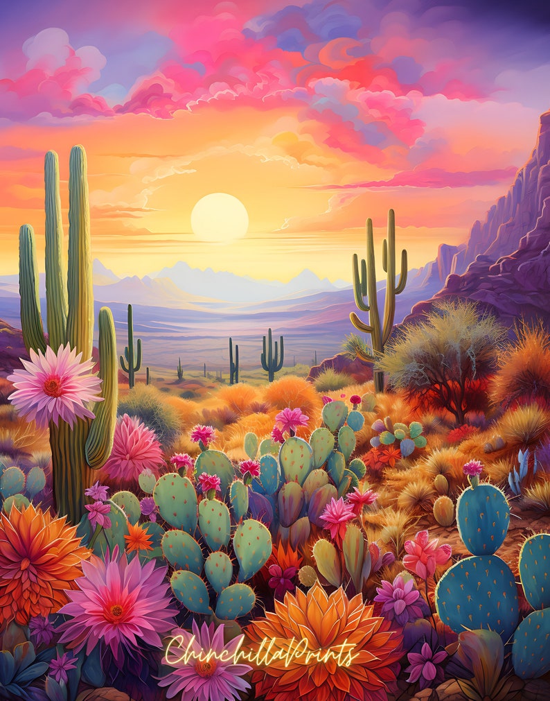 K&ouml;nnte beinhalten: Eine lebendige W&uuml;stenlandschaft bei Sonnenuntergang mit einer Vielzahl von Kakteen und bl&uuml;henden Blumen in Rosa-, Orange- und Gelbt&ouml;nen. Der Himmel ist ein Mix aus Rosa, Orange und Lila mit flauschigen Wolken. Die Sonne geht in der Ferne unter und wirft einen warmen Schein auf die Szene.