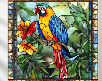つがい　オウム　ステンドグラス オウムのステンドグラスプリントセット：鮮やかな鳥の絵5枚（デジタル