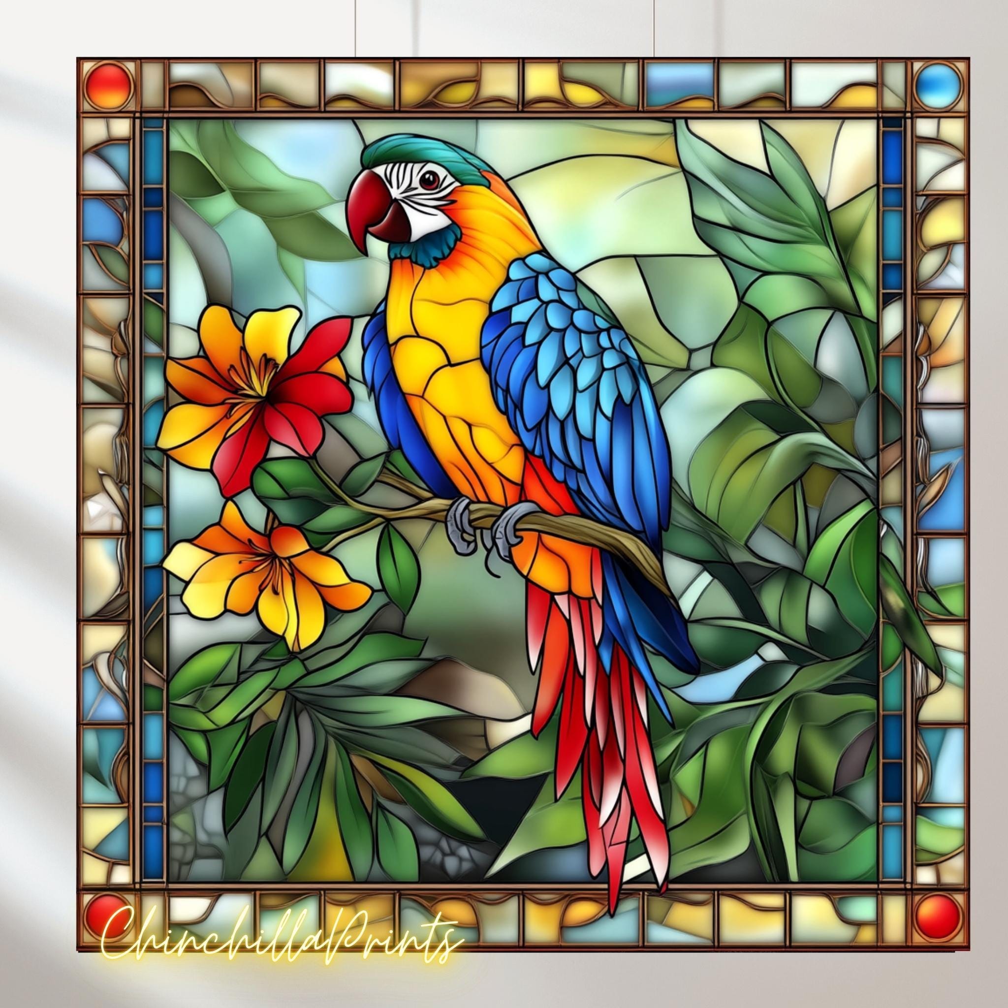 オウムのステンドグラスプリントセット：鮮やかな鳥の絵5枚（デジタル