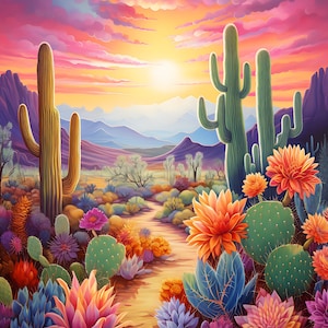K&ouml;nnte beinhalten: Ein lebendiges W&uuml;stenlandschaft-Gem&auml;lde mit einem Sonnenuntergangshimmel, Bergen in der Ferne und einem Weg, der durch ein Feld aus bunten Kakteen und Blumen f&uuml;hrt. Der Text "ChinchillaPrints" ist in der unteren rechten Ecke sichtbar.