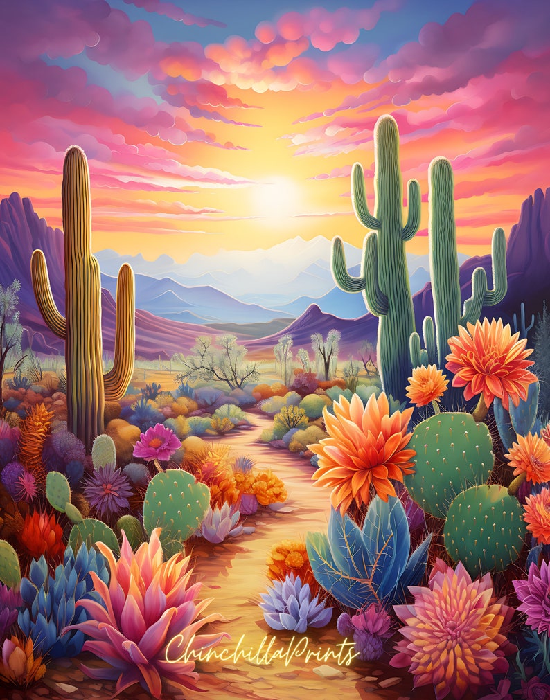 K&ouml;nnte beinhalten: Ein lebendiges W&uuml;stenlandschaft-Gem&auml;lde mit einem Sonnenuntergangshimmel, Bergen in der Ferne und einem Weg, der durch ein Feld aus bunten Kakteen und Blumen f&uuml;hrt. Der Text "ChinchillaPrints" ist in der unteren rechten Ecke sichtbar.
