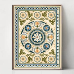 May include: A rectangular framed wall art print featuring a symmetrical pattern of blue and beige flowers, green acanthus leaves, and circular motifs. The design is enclosed by a decorative border with a repeating cross and dot pattern in blue.