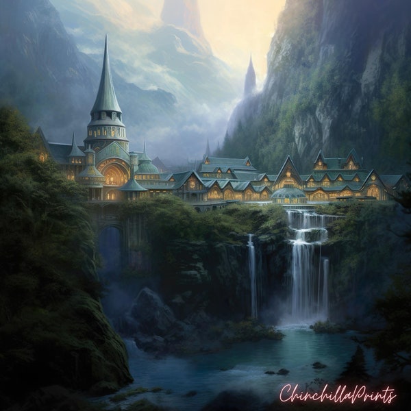 Rivendell Night Rivendell Landscapes of Rivendell Forests Mountains and castles of Rivendell Digital printing Fantasy