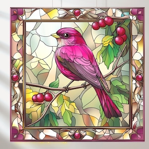 May include: A stained glass window design featuring a pink bird perched on a branch with green leaves and red berries. The bird has a long tail and a detailed design.
