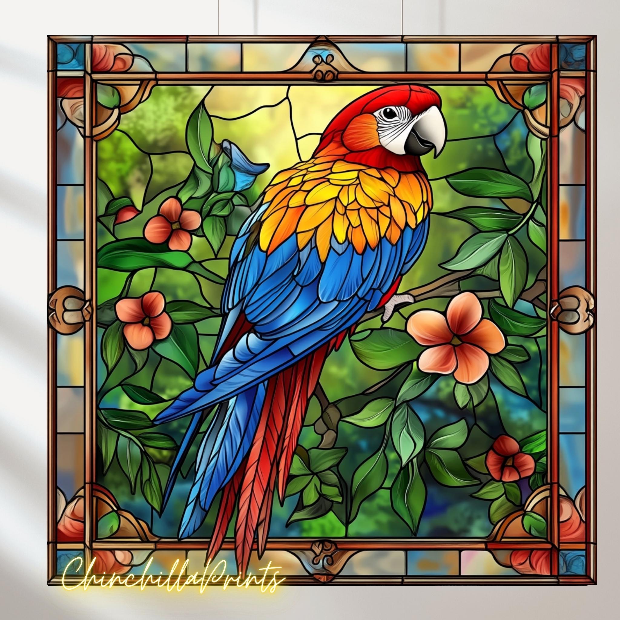 オウムのステンドグラスプリントセット：鮮やかな鳥の絵5枚（デジタル