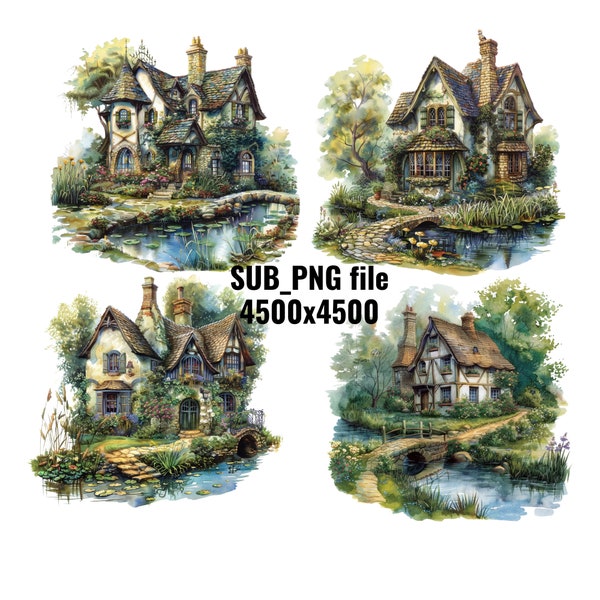 Fairytale house by the river in shabby chic style - 5 high-quality sublimation watercolor cliparts - for making albums, drawings on cups