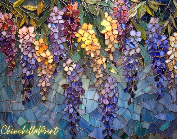 藤のステンドグラス 5枚セット 鮮やかな花の絵画（デジタル