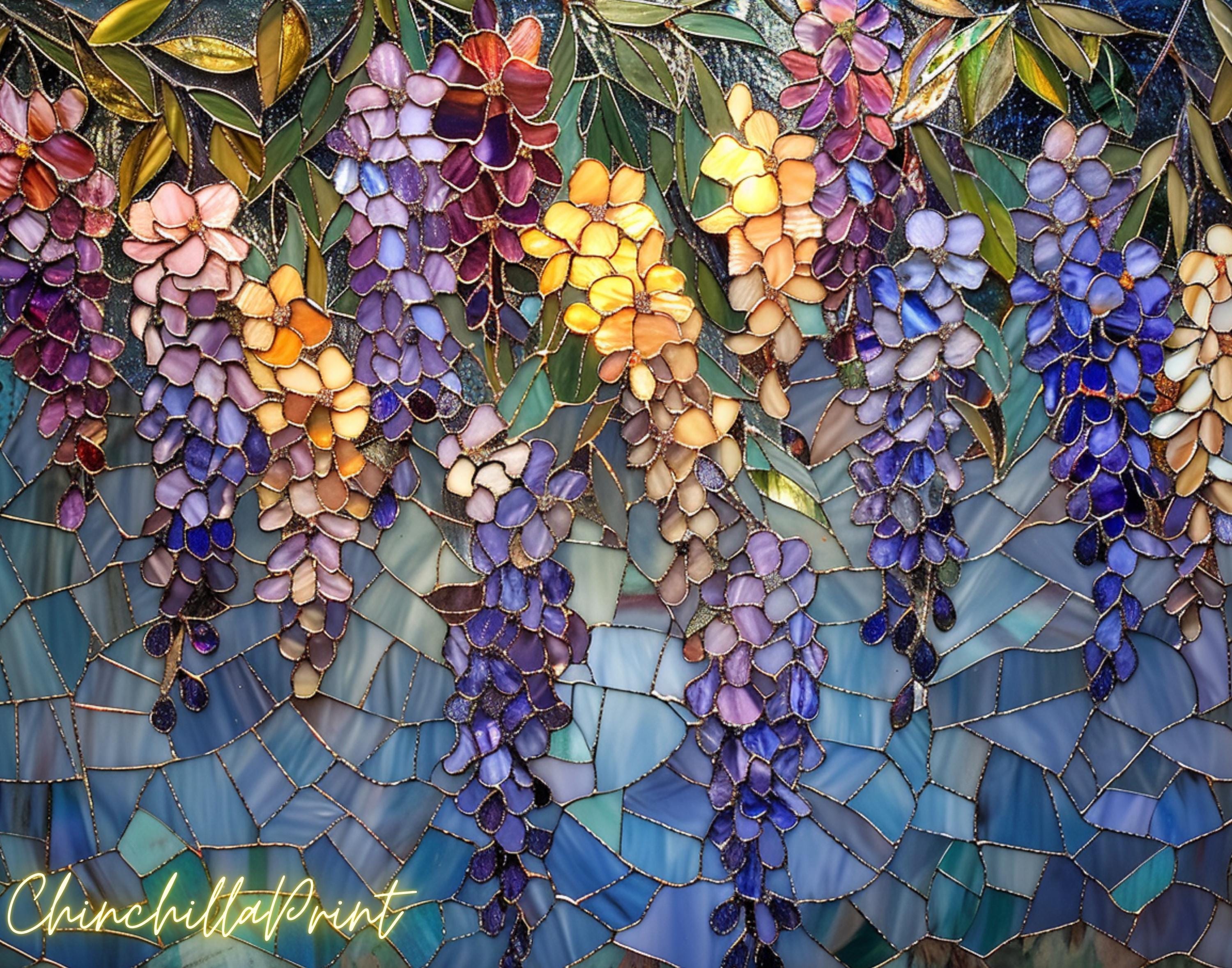 花のステンドグラス 5枚セット、ステンドグラス、藤、青い花のステンド