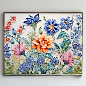 May include: A framed floral relief sculpture featuring a variety of colorful flowers in shades of pink, orange, blue, and red. The flowers are set against a white background with green leaves and stems. The frame is a dark brown color.