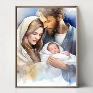 Watercolor Birth of Jesus Mary & Joseph Birth of Jesus Christ Print Christian Spiritual Poster Holy Painting Christmas
