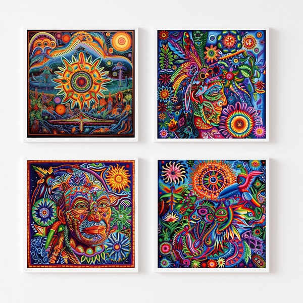 Huichol painting, Mexican art, Native American art, Modern vibrant Mexican painting, Aztec patterns