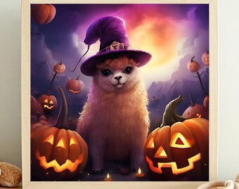 Alpaca with pumpkin, Raccoon in a witch's hat, Otter on Halloween, Halloween Art, Poster Dark Academy, Gothic painting, Halloween
