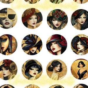 Könnte beinhalten: Eine Sammlung runder Kunstdrucke mit Porträts von Frauen im Vintage-Stil. Jedes Porträt zeigt eine Frau mit auffälligem Make-up und einem Hut vor goldenem Hintergrund. Der Text "ChinchillaPrints" ist sichtbar.