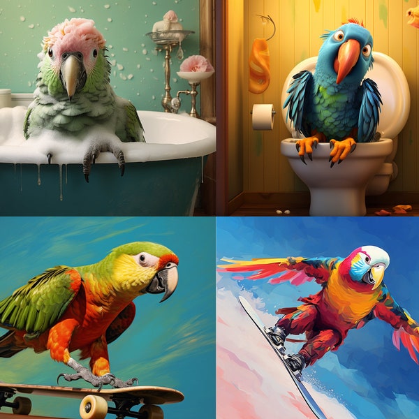 Parrot Sitting on the Toilet Reading Newspaper Parrot in the Bathtub Fun Bathroom Wall Decor Fun and Quirky Animal Print Set of 5