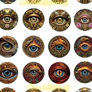 Puede incluir: Una colección de diseños circulares con ilustraciones detalladas de ojos. Cada ojo es único, con detalles intrincados, motivos florales y animales, y una variedad de colores, incluyendo oro, azul y verde. Los diseños están sobre un fondo blanco.