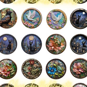 May include: A collection of round decorative art pieces featuring various animals and scenes. The designs include a crow, dove, cat, frog, and owl, set against backgrounds of flowers, cityscapes, and starry nights. The text "ChinchillaPrints" is displayed in a neon font.