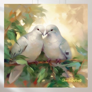 Doves, watercolor, Two doves are sitting on the brunch, hugging, romantic, wall art, gift, love, white doves, wedding, engagement