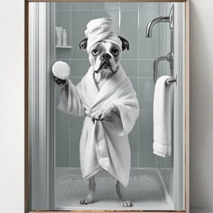Boxer dog Set of 5 in the shower, Fun Bathroom Wall Decor, Fun and Quirky Animal Prints, Art Prints for Home