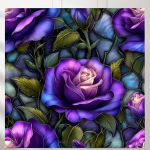 May include: A digital illustration of purple roses with green leaves and blue accents. The roses have a gradient of colors, from a light pink center to a deep purple on the petals. The background is a mosaic of blue and green.