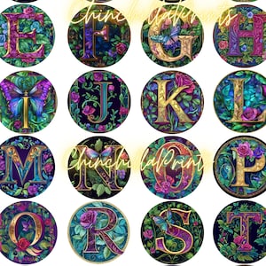May include: A digital sheet of twenty-four circular stickers featuring the letters A through X. Each letter is rendered in a gold serif font, surrounded by intricate illustrations of purple and pink roses, green foliage, and blue butterflies.