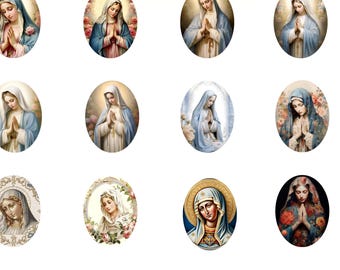 Könnte beinhalten: Eine Sammlung ovalförmiger religiöser Kunstdrucke mit Darstellungen der Jungfrau Maria. Die Bilder zeigen Maria in verschiedenen Posen, mit sanften Farben, floralen Akzenten und Heiligenscheinen. Der Text "Churchillaprints" ist in Neon-Gelb zu sehen.