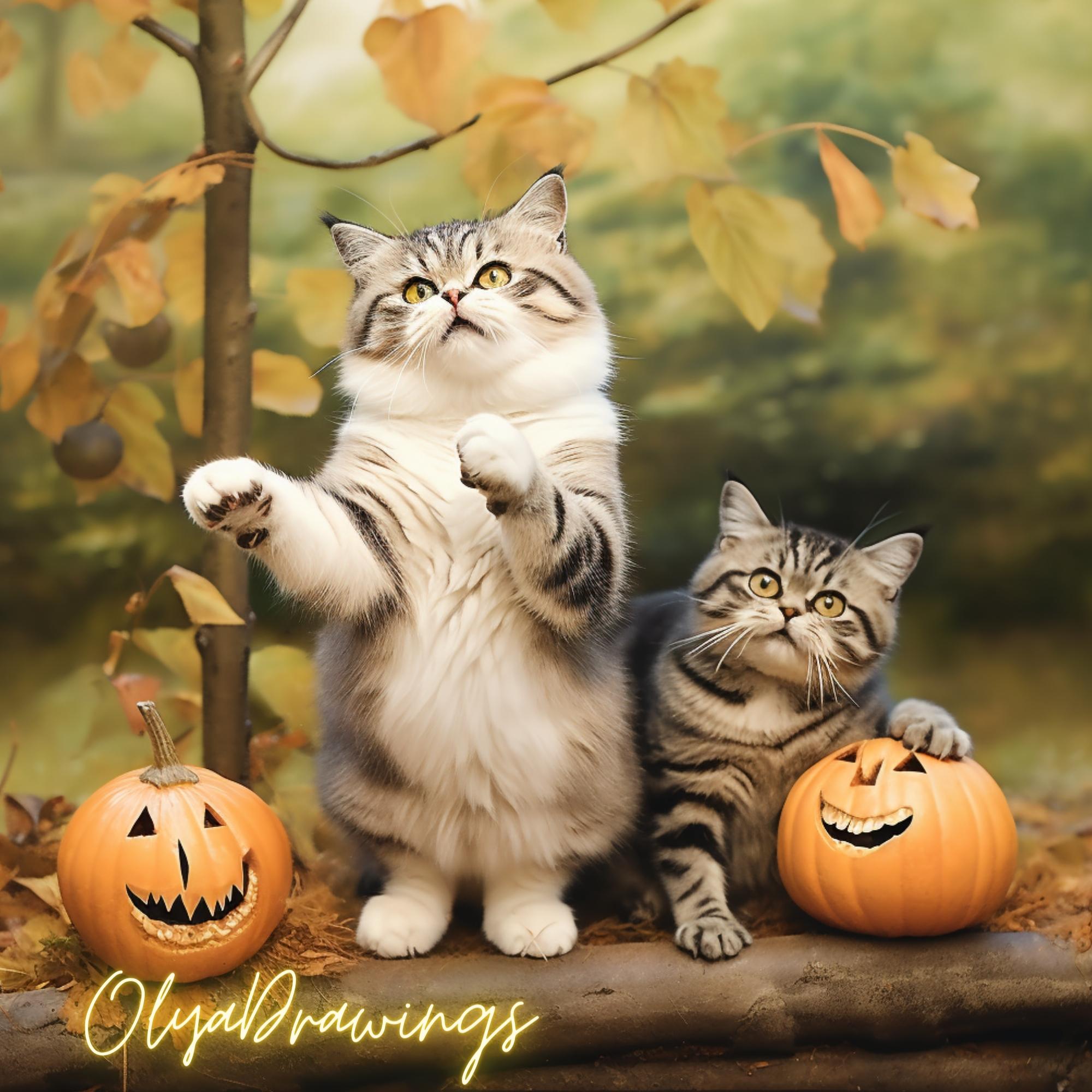 ハロウィン用のカボチャとヴィンテージ猫のイラスト5点セット。商用 