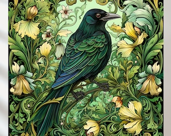 Art Nouveau Raven Print: William Morris Inspired Vintage Poster (Digital Download)