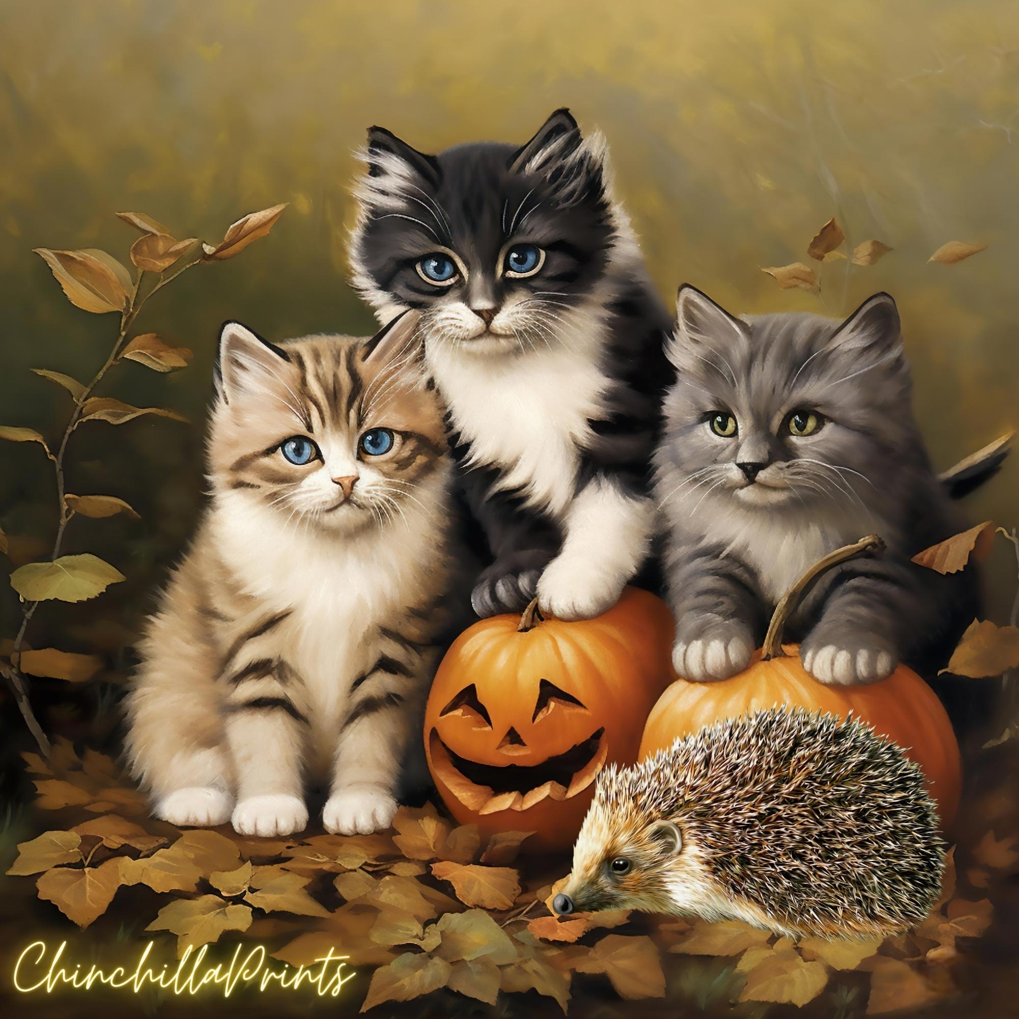 ハロウィン用のカボチャとヴィンテージ猫のイラスト5点セット。商用 