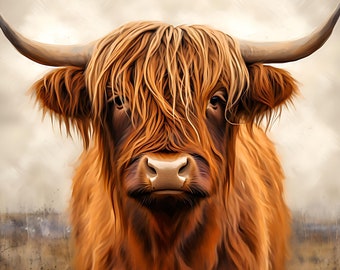 Highland cow Set of 5 canvas wall art colorful vibrant oil painting style, portrait Highland cow, wildlife  Style by Leroy Neiman