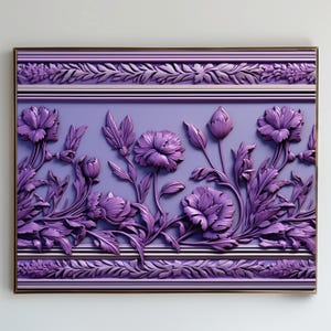May include: A framed, three-dimensional floral relief sculpture. The artwork features detailed purple flowers, buds, and leaves against a lavender background. The frame is a dark brown color, and the piece has a classical, decorative style.