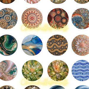 Pode incluir: Uma coleção de vinte impressões artísticas circulares com padrões diversos, incluindo motivos florais, redemoinhos abstratos, mandalas geométricas e camadas texturizadas em paletas de azul, ouro, verde, rosa e preto com o texto ChinchillaPrints.