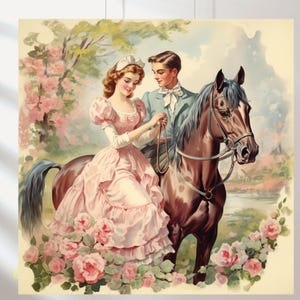 Familien Illustrationen, 3er Set, verliebtes Paar, Pferd, Country Szene, Shabby Chic Style, Vintage Zeichnungen, Vintage Postkarten