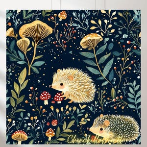 May include: Square art print featuring a whimsical illustration of two hedgehogs amidst a forest of mushrooms and foliage. The artwork is set against a dark blue background with accents of yellow, red, and green. The text "Chinchilla Prints" is visible.