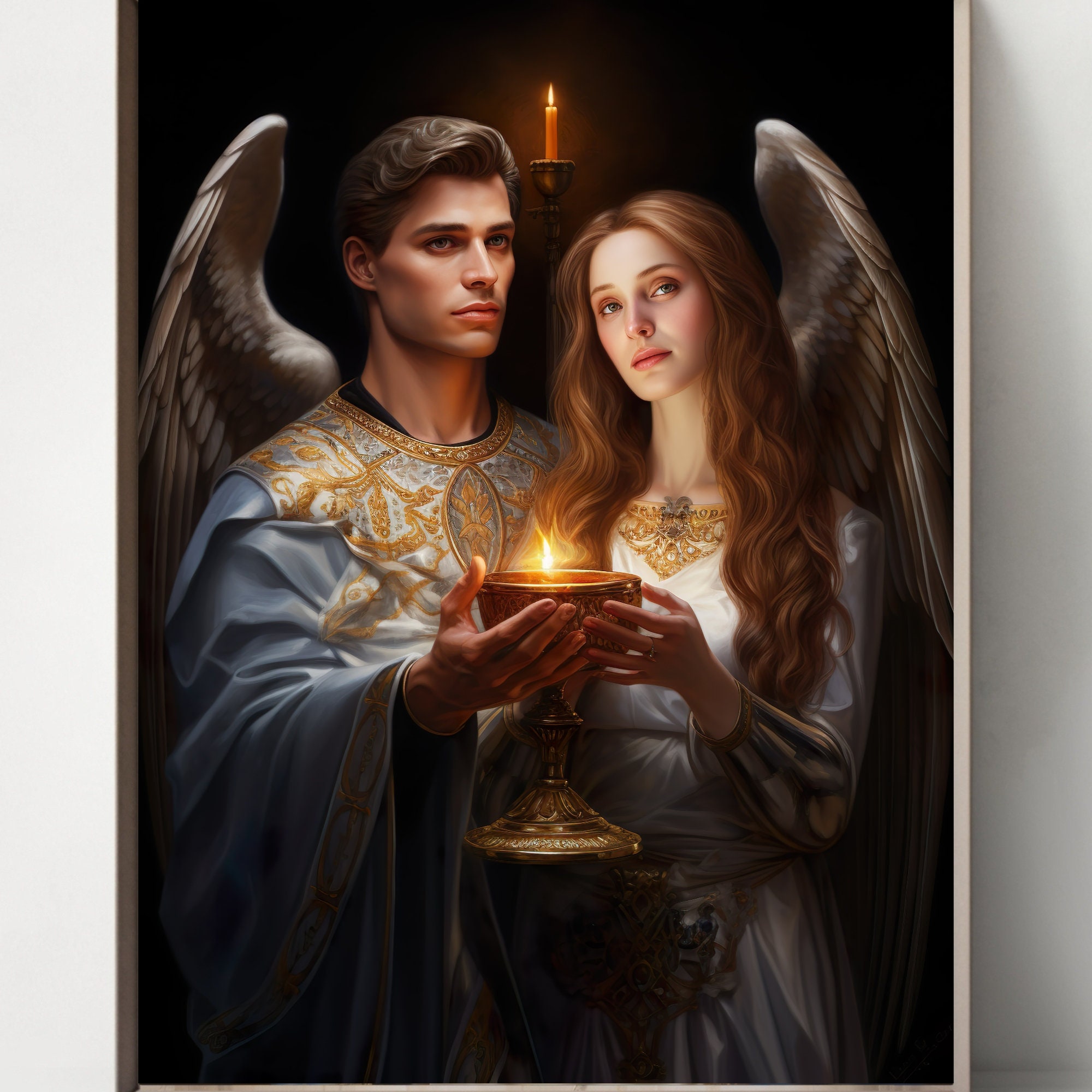 守護天使の水彩画プリント4枚セット、キリスト教の壁アート（デジタル