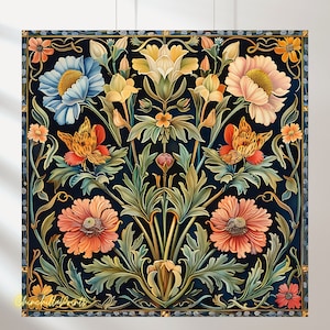May include: Square floral art print featuring a symmetrical design of stylized flowers and foliage in shades of blue, peach, yellow, and orange against a dark blue background. The artwork has a decorative border and a vintage aesthetic.