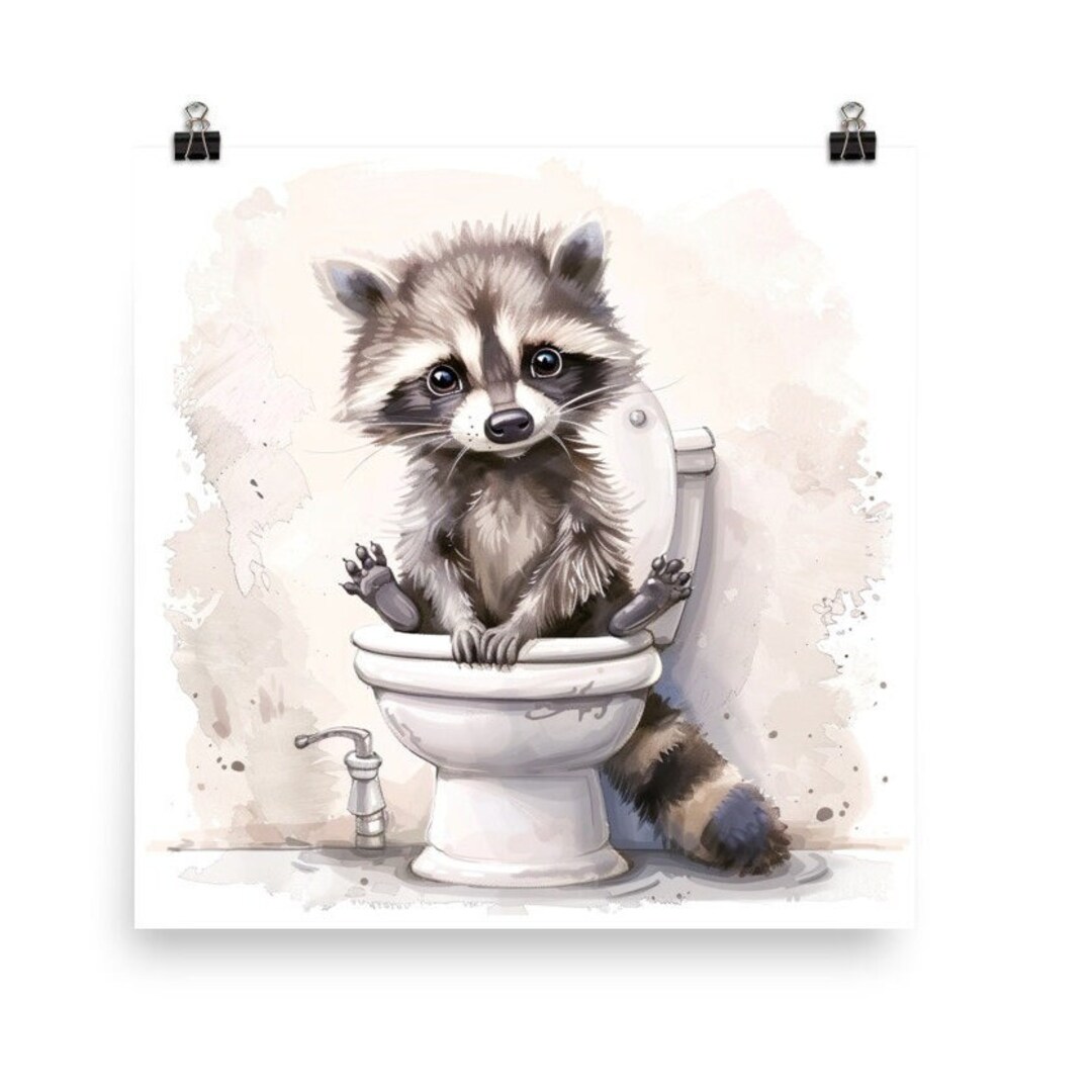 Poster With Raccoon on a Toilet, Raccoon Bathroom Art, Toilet Art