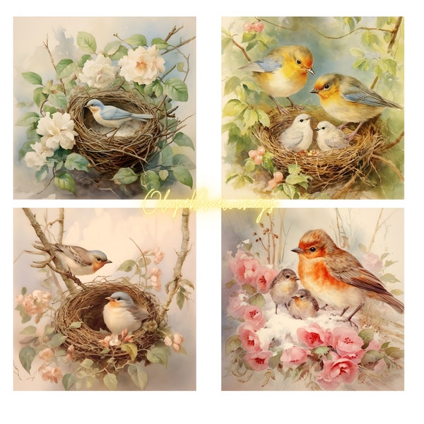 Shabby Chic Birds in a Nest Clipart Set - 5 watercolor images, digital format - Set of 5