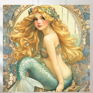 Set of 4 Mermaid Wall Art Painting Mermaid Digital Print Fantasy