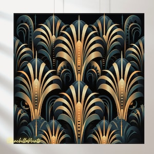 Puede incluir: Un patrón repetido de palmeras estilizadas doradas y verde azulado. El diseño recuerda al estilo Art Deco.