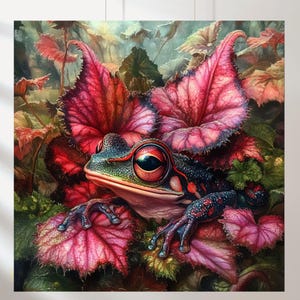 Könnte beinhalten: Ein farbenfrohes Kunstwerk, das einen Frosch inmitten üppigen Laubs zeigt. Der Frosch, mit auffälligen roten Augen und gesprenkelter Haut, ist von großen, purpurroten Blättern umgeben. Das Kunstwerk erzeugt ein Gefühl von Natur und Fantasie.
