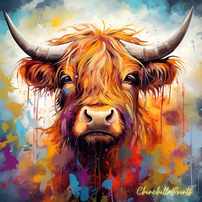 Highland Cow Canvas Wall Art Colorful Vibrant Oil Painting Etsy