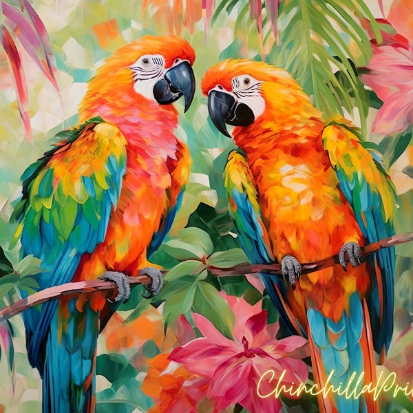 Tropical Parrots Art Parrots among palms and flowers Macaw Parrots Painting Colorful Parrots Print Lovebirds Art Print Home Decor