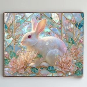 Set of 5 Rabbit and roses, Stained glass with glitter
