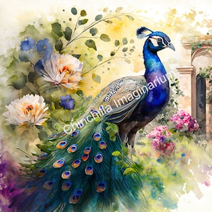 Peacock Wall art Peacock art print Flowers wall art Peacock poster Mid century Modern art Home office Wall art Printable