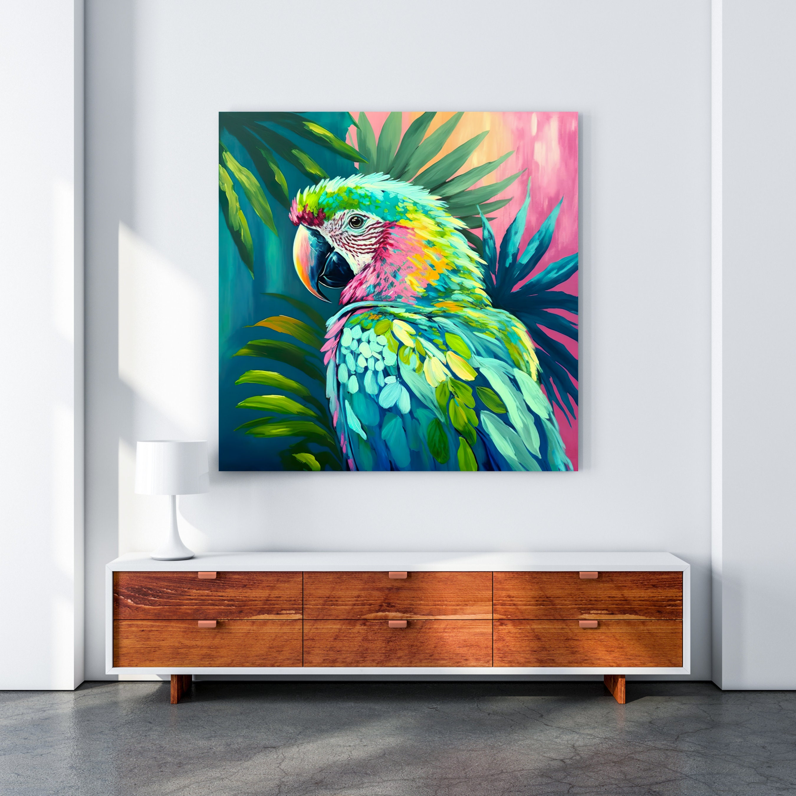 水彩画「オウムの肖像」：カラフルな鳥のイラスト（デジタル