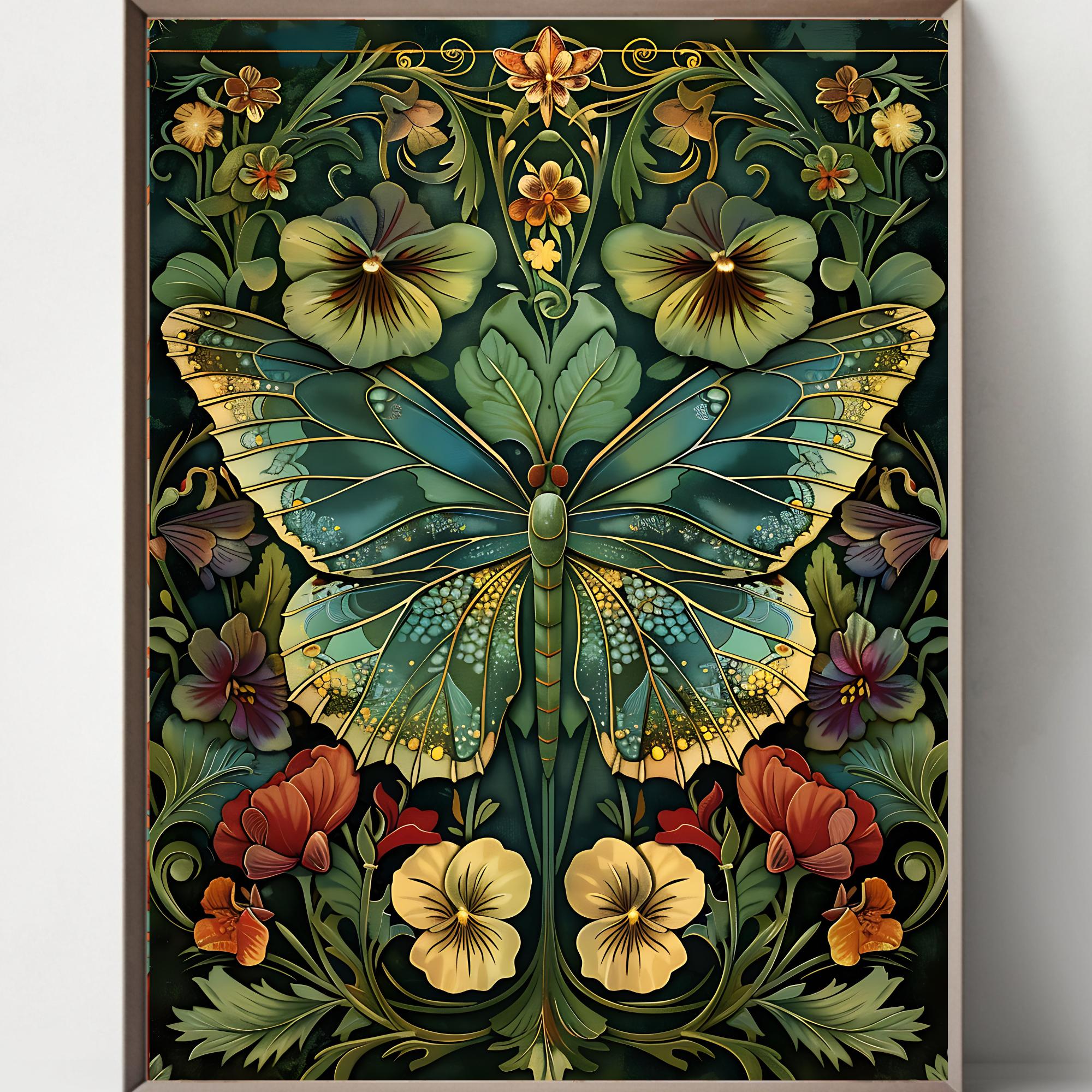 Set of 5 Art Nouveau Butterfly Print: William Morris Style, Dark ...