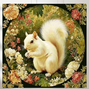 May include: A digital painting of a white squirrel, centered within a circular frame of flowers and foliage. The squirrel is holding a nut, with a fluffy tail and detailed fur. The floral border includes cream, peach, and red blossoms against a dark green background.
